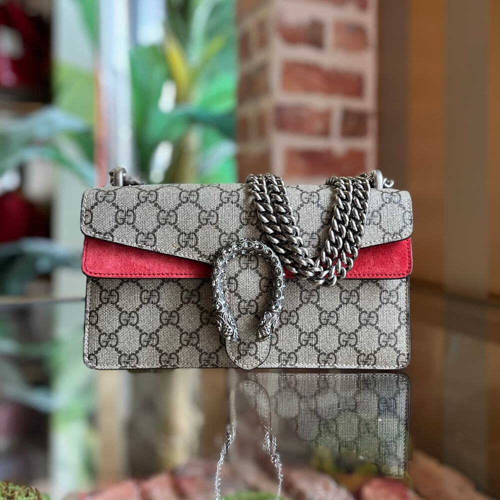 GUCCI Beige GG Red Suede Dionysus Shoulder Bag Small